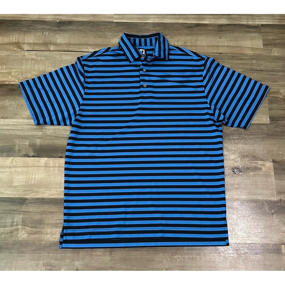 Footjoy Polo Shirt Men's Large Black Blue Striped Mesh Golf Comfort Casual